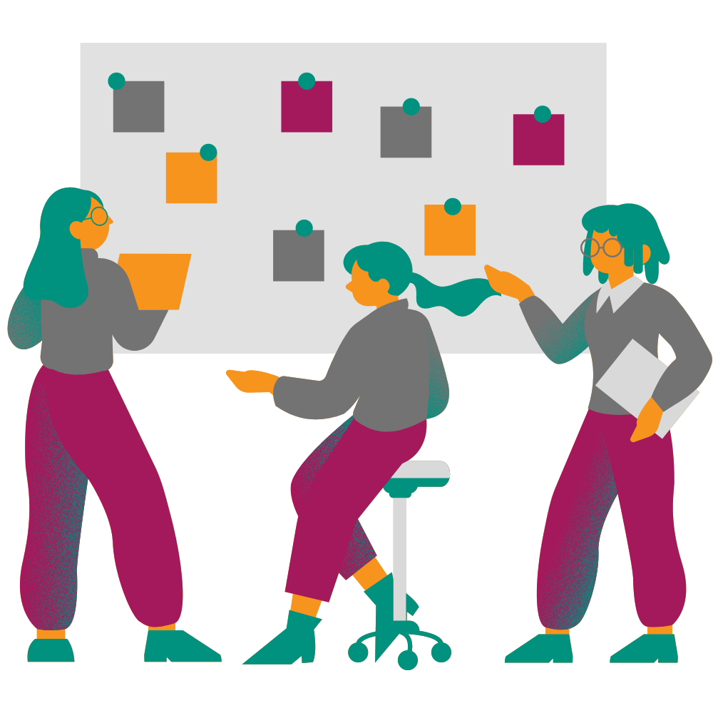 illustration of group of people planning work on a board with post-its