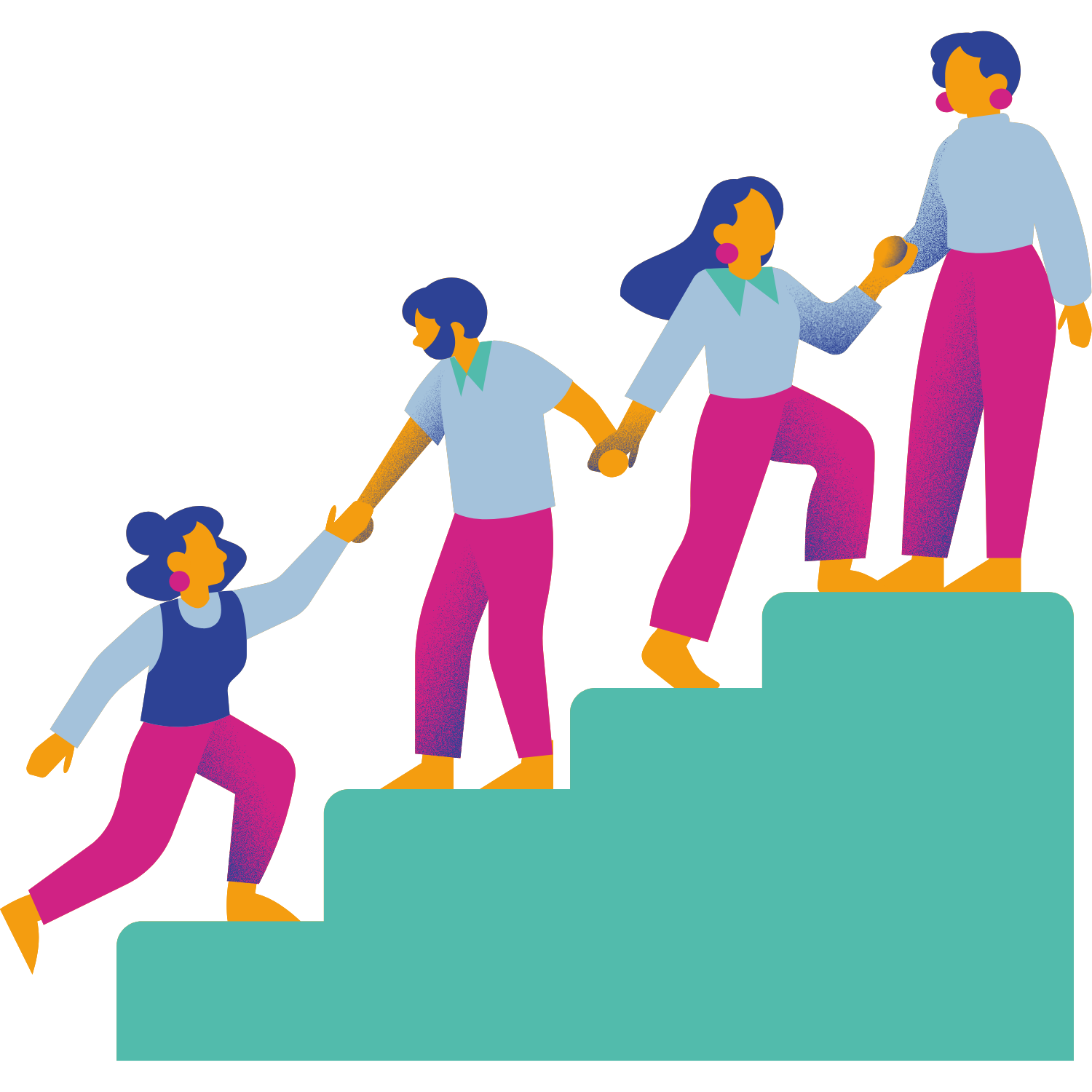 illustration of people helping each other climbing stairs