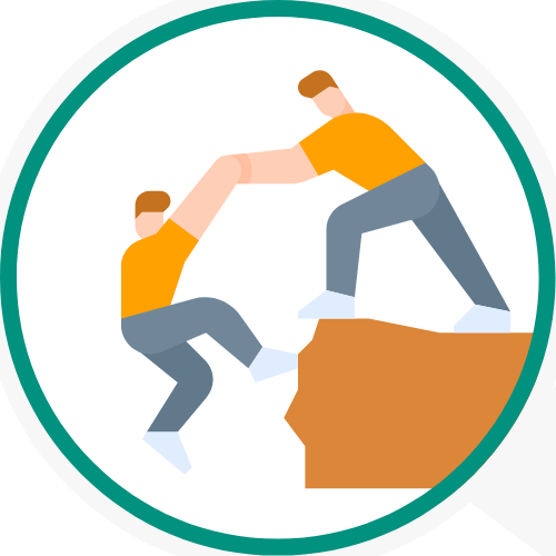 person helping another person climbing a hill inside circle