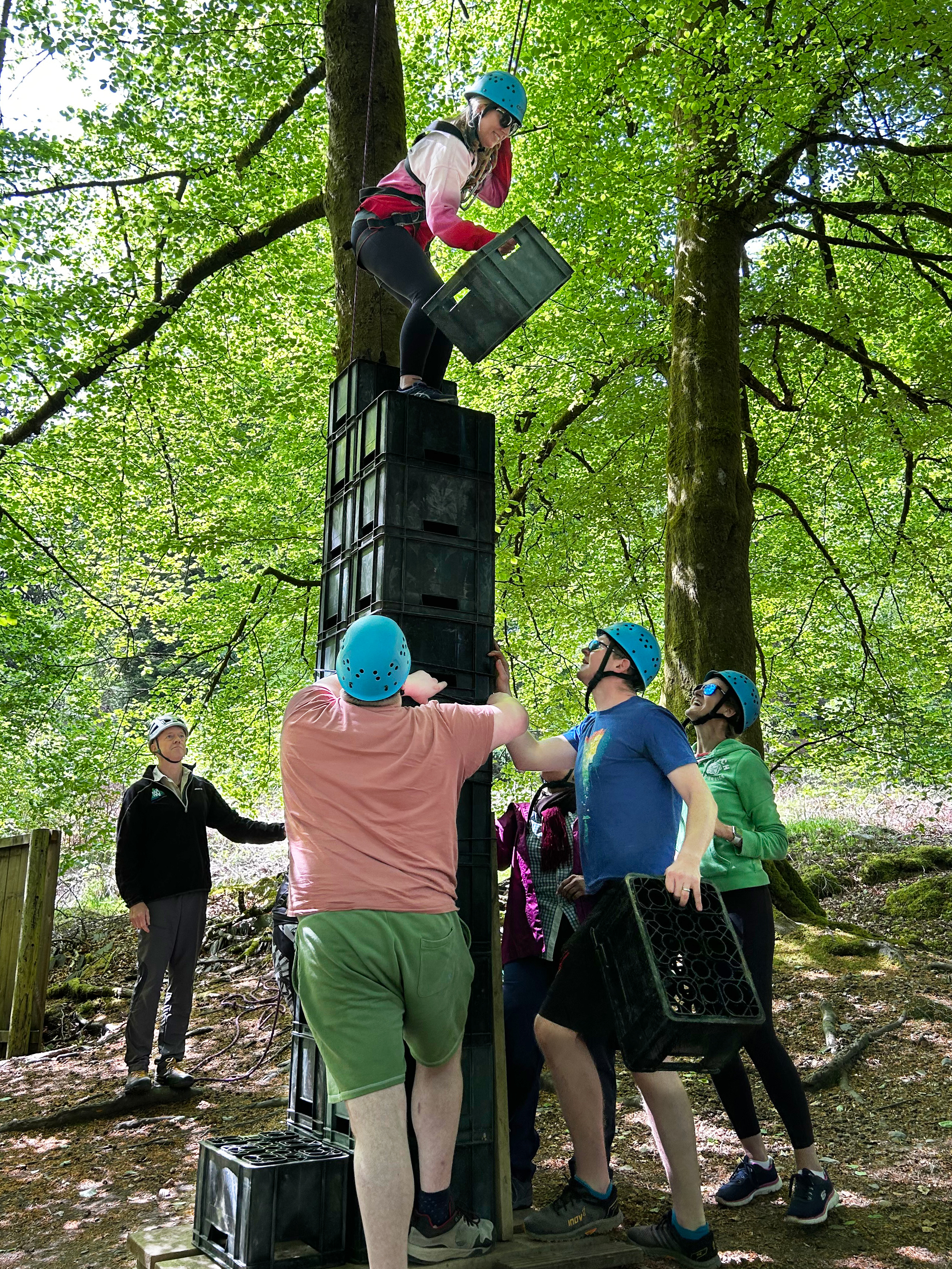 Team of people working together to build a tower of crates in a forest