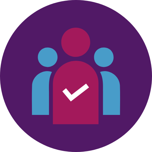 person with a tick mark in front of two people inside purple circle