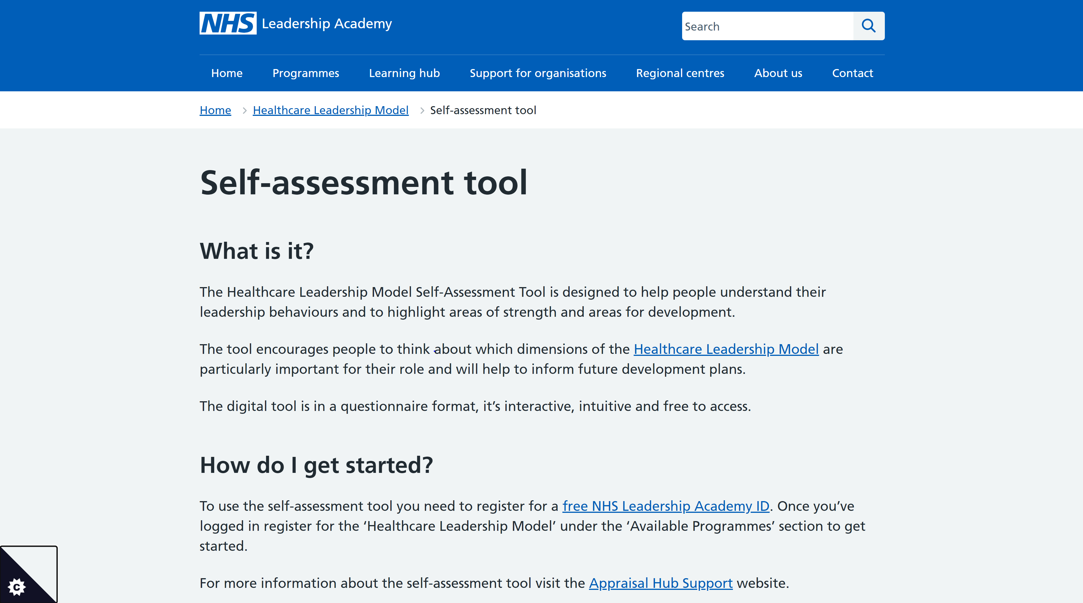 screenshot of NHS Leadership Academy Self-Assessment webpage