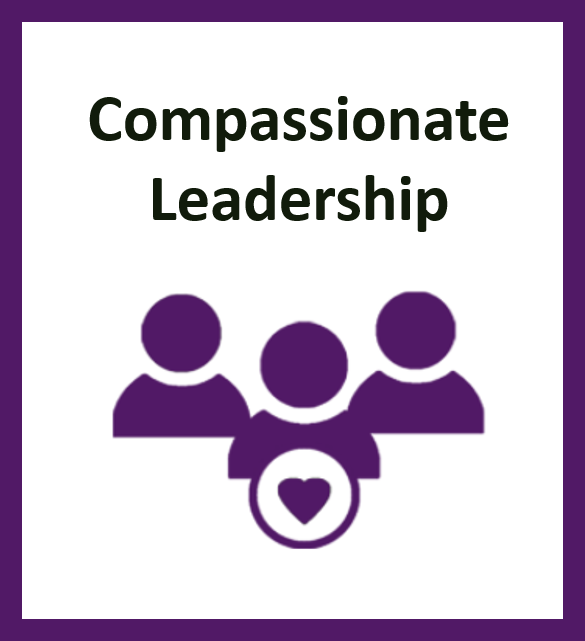 Rectangle button with the words 'Compassionate Leadership' and a decorative icon'