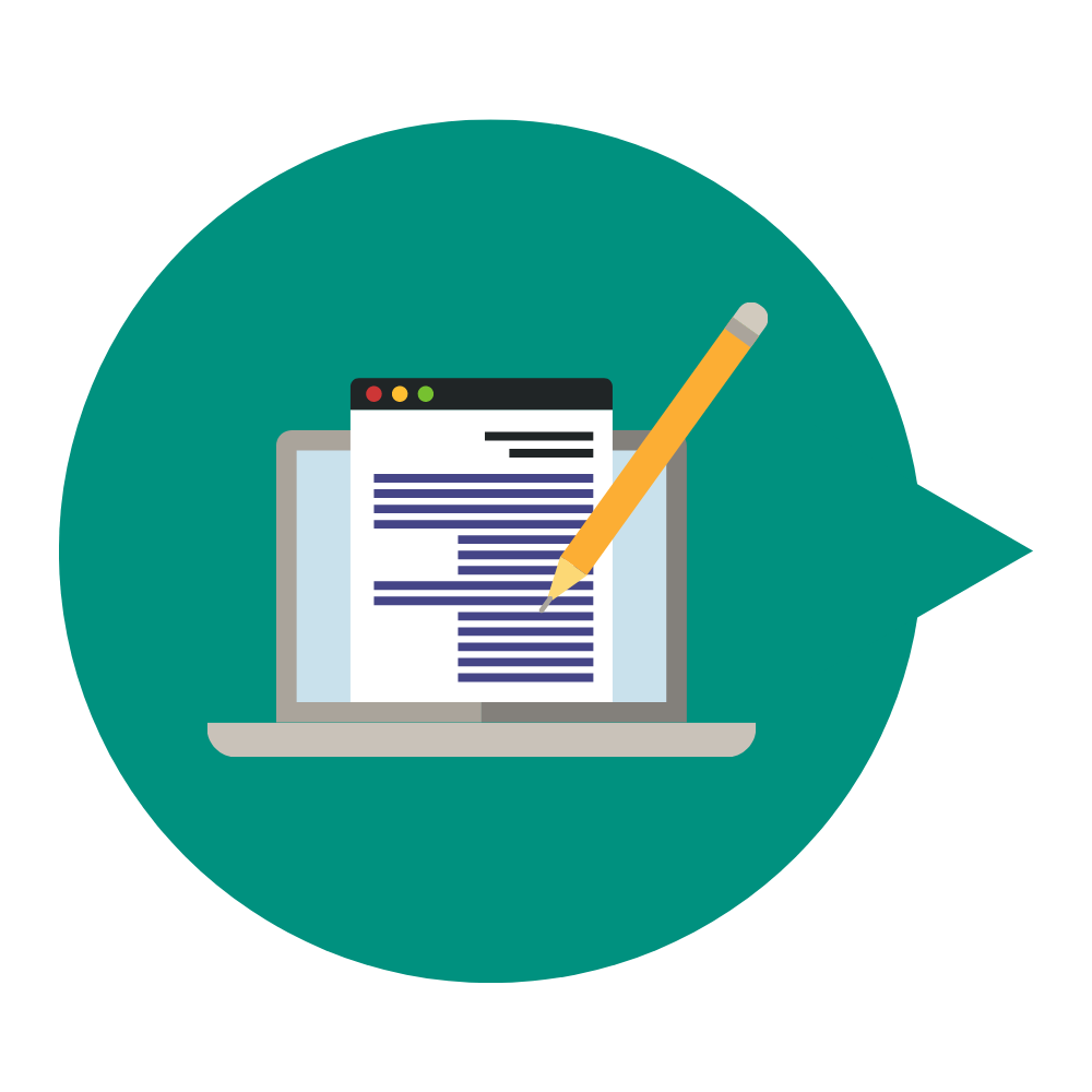 Speech bubble with pen and website