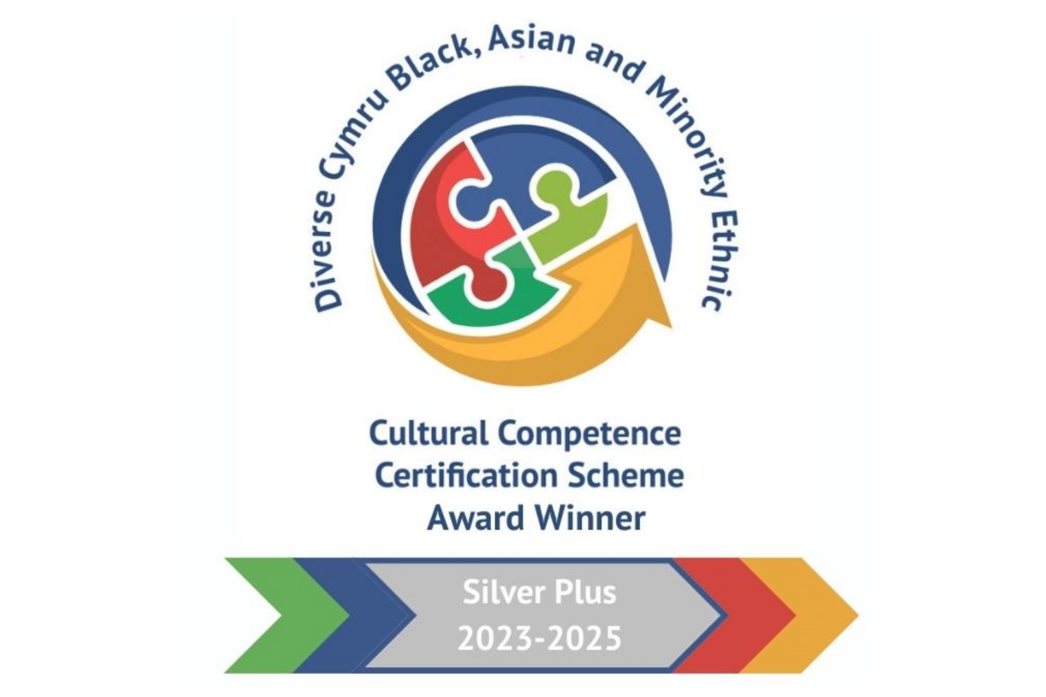 Divesity Cymru, Black, Asian and Minority Ethnic. Cultural Competence Certification Scheme Award Winner. Silver Plus 2023-2025